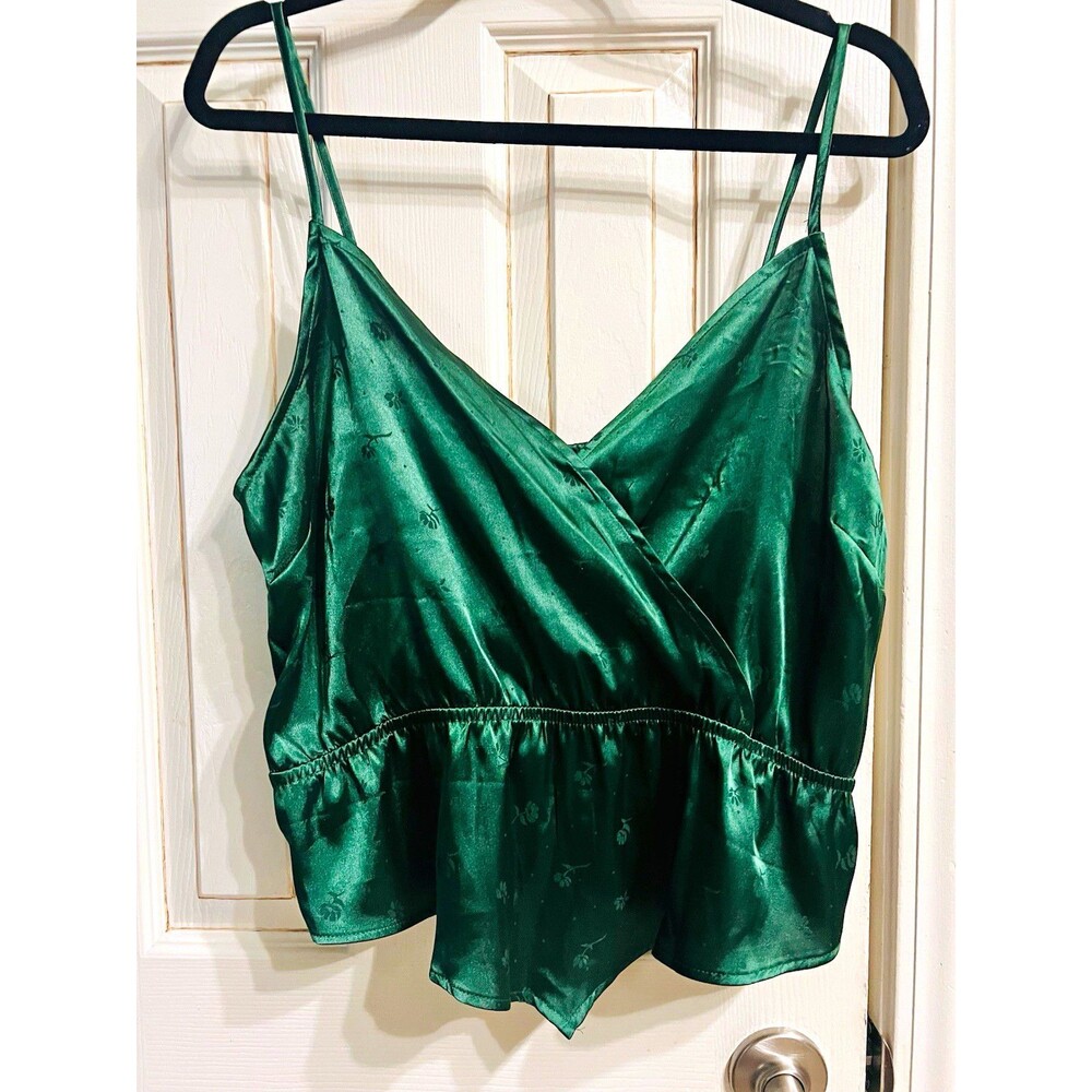No Boundaries XL Emerald Green Satin Floral Faux Wrap Peplum Camisole NWT